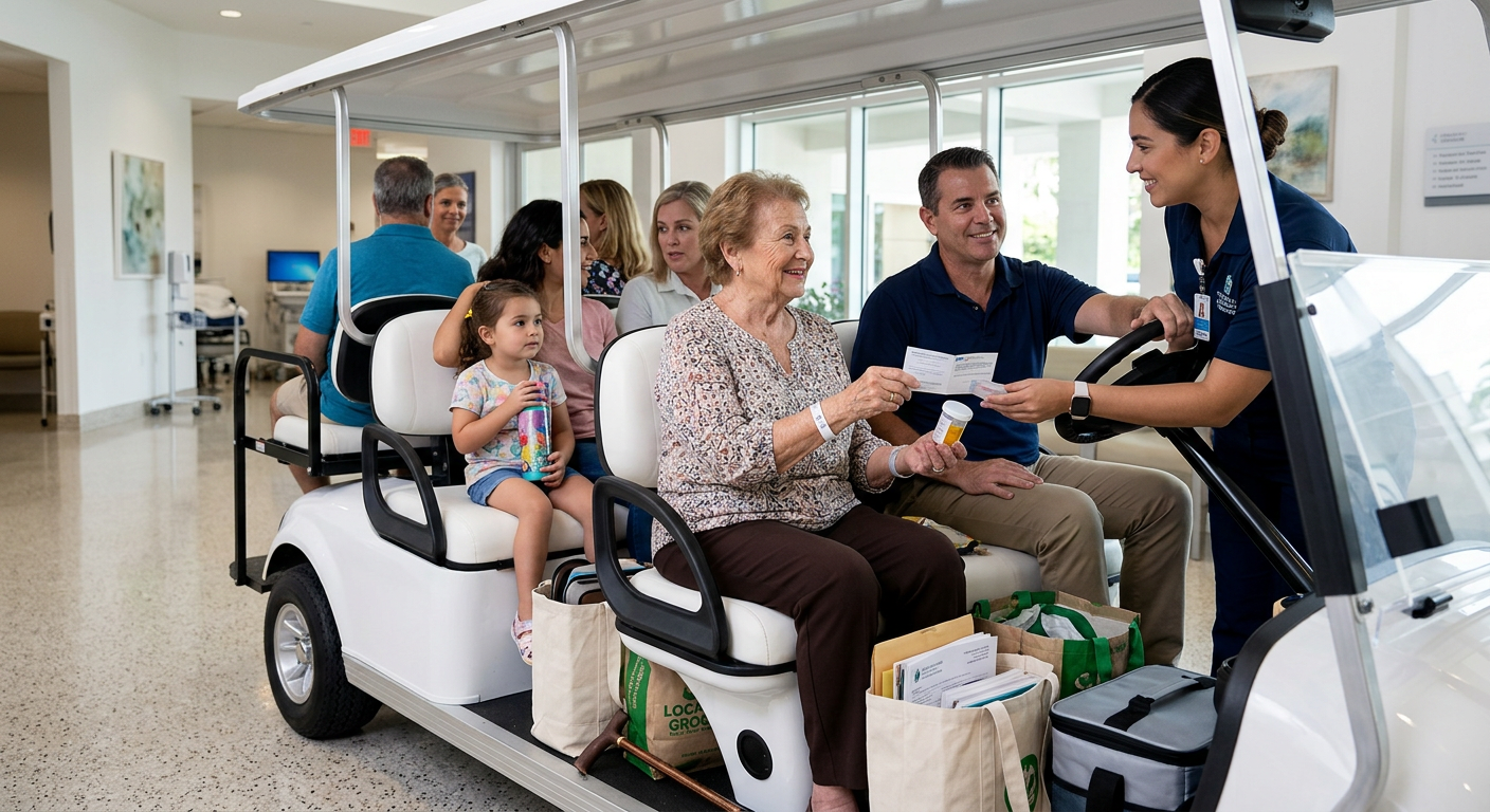 A luxury resort using a 6-seater golf cart limo, showing one of the 6 Surprising Ways a 6-Seater Golf Cart L benefits businesses.