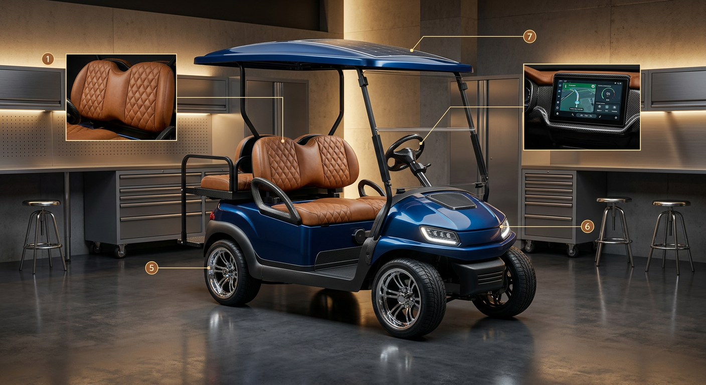 7 Exclusive Luxury Golf Cart Upgrades fo: A custom luxury golf cart with plush seating and advanced digital dashboard, cruising along a scenic South Florida waterfront in 2026.