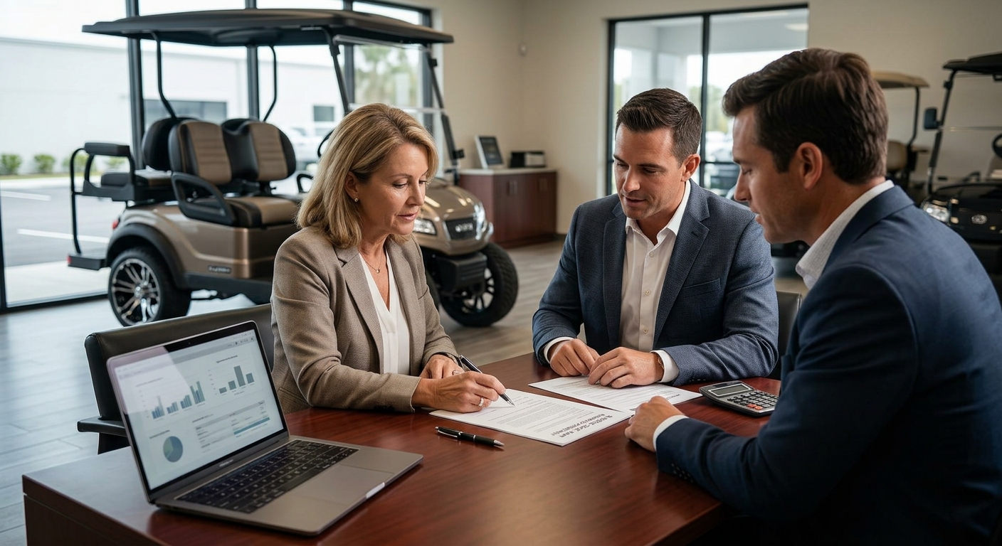 A sleek, modern electric golf cart parked on a lush green golf course at sunset, with a path leading off into the distance, symbolizing ease and future ownership. Electric Golf Cart Financing.