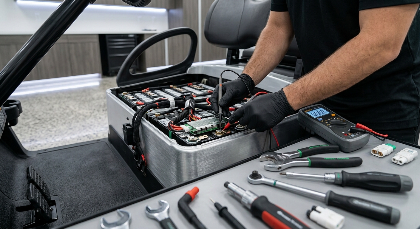 Sleek golf cart driving on a course after receiving Golf Cart Repair Expertise