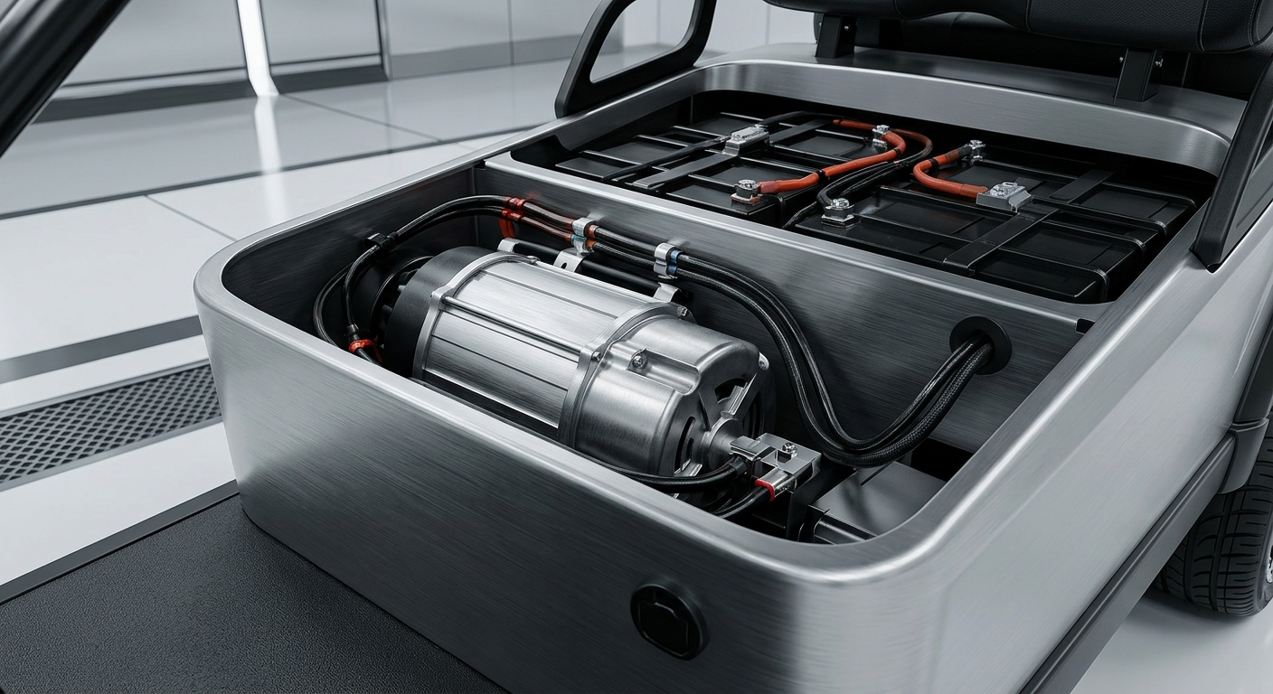 Madjax E-Series Advantages: An infographic style banner showcasing 3-4 key advantages of Madjax E-Series accessories, with clean icons representing performance, comfort, and durability, against a background of a dynamic golf cart silhouette.