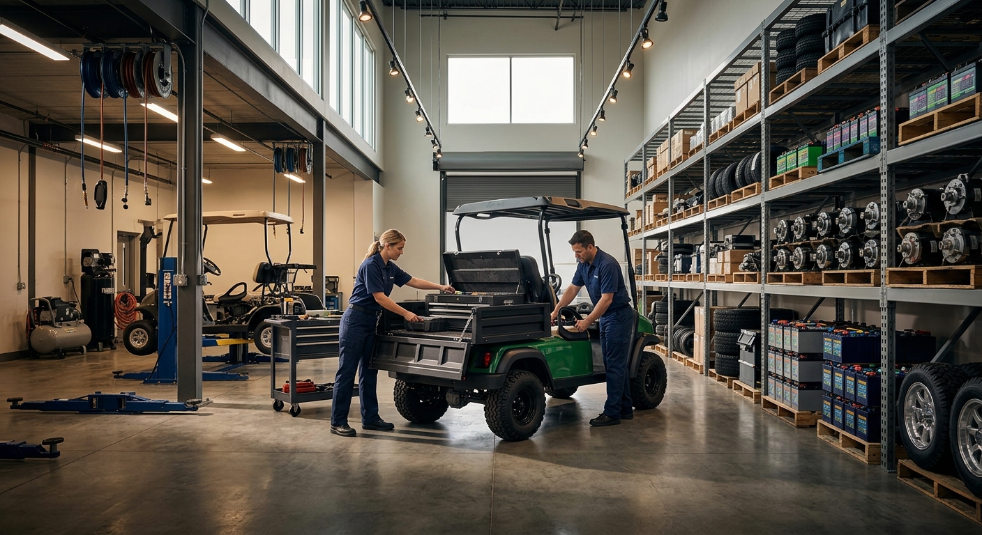 Utility Golf Cart Uses: A sleek, modern utility golf cart with an open cargo bed, parked on a well-maintained large residential property. The cart is loaded with garden tools and bags of mulch, suggesting landscaping tasks. Bright, natural lighting, vibrant greens.