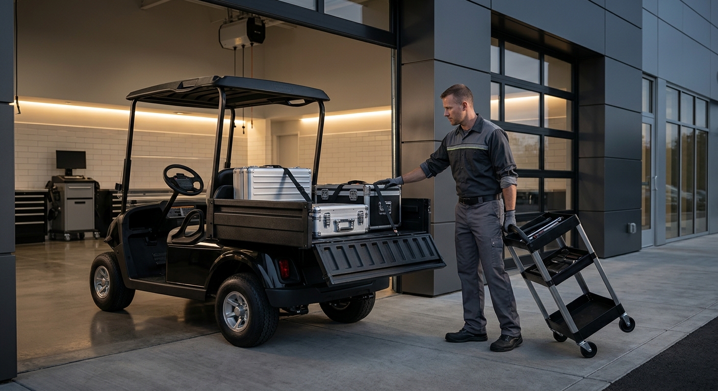 Utility Golf Cart Uses: An agile utility golf cart traversing a private estate, transporting event supplies or maintenance equipment. Emphasize its versatility for non-golf purposes with clear and practical usage, a clear blue sky.