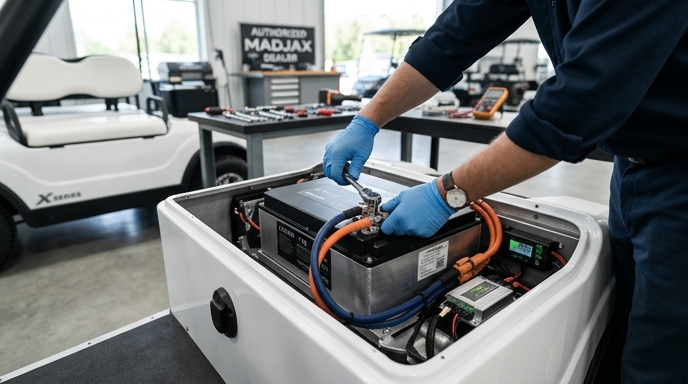 Close-up of a technician's hands installing a sleek new lithium battery pack into a golf cart's battery compartment, with wiring neatly arranged. Focus on precision and the 'seamless' aspect of the Lithium Conversion Process, emphasizing ease of installation.