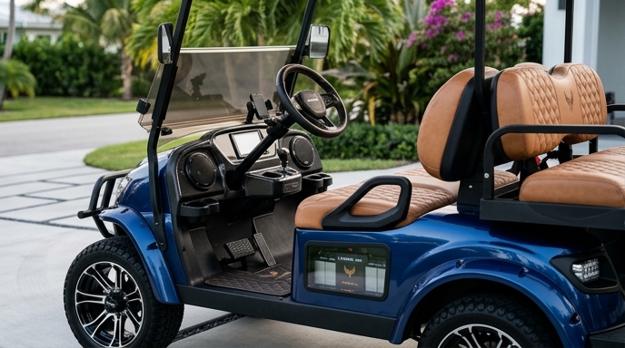 Inspiring assembly line or design studio scene where engineers are collaborating on a custom cart design blueprint, with various specialized components and tools visible, highlighting Custom Cart Design.
