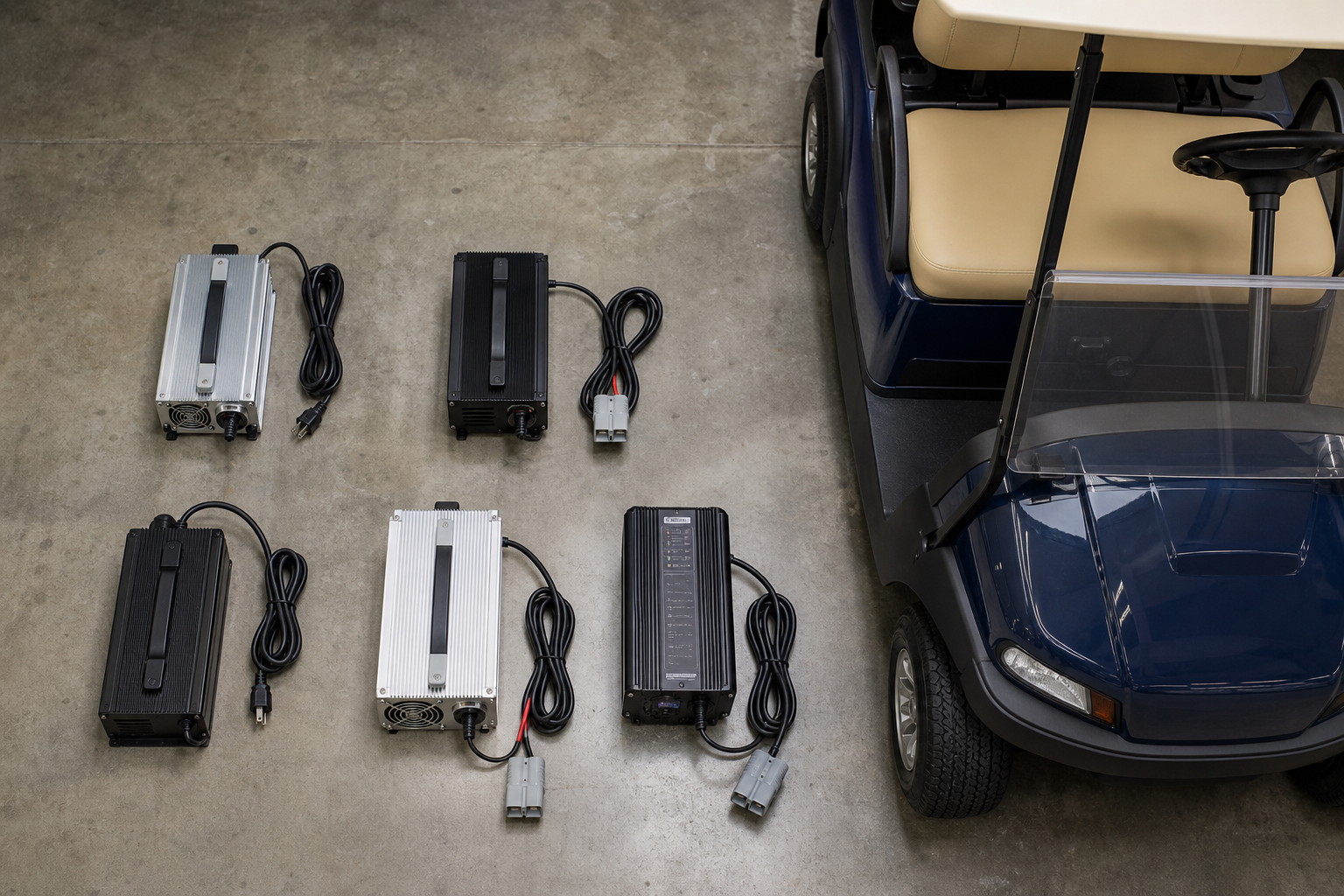 Golf Cart Charger Types: 3 Ultimate Choices for Battery Life 4 Different golf cart charger types plug designs and voltage labels