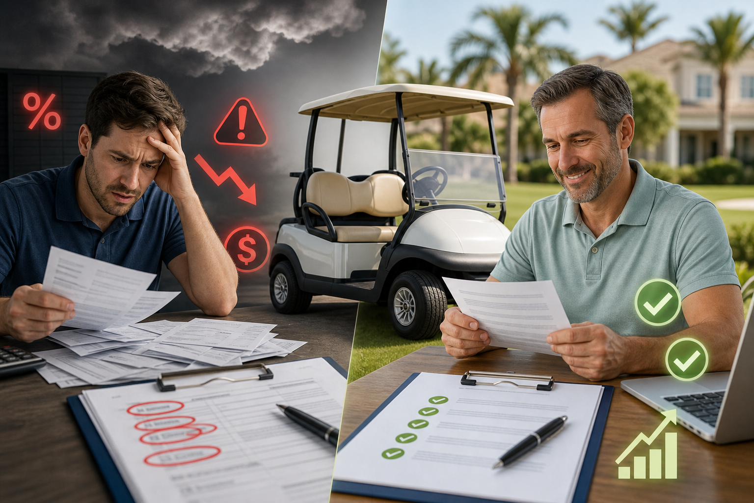 A person looking confused or frustrated while reviewing financial documents, with golf cart imagery in the background, symbolizing common golf cart finance mistakes.