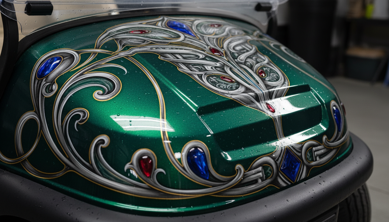 Diverse and creative custom golf cart paint jobs for unique personalization.