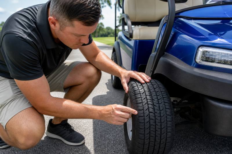 Golf Cart Tire Care: 8 Essential Tips for Optimal... 4 A 16:9 banner image depicting a person checking the tire pressure of a golf cart tire with a gauge, illustrating proper golf cart tire care maintenance. The background shows a modern garage or service area. Golf cart tire care.