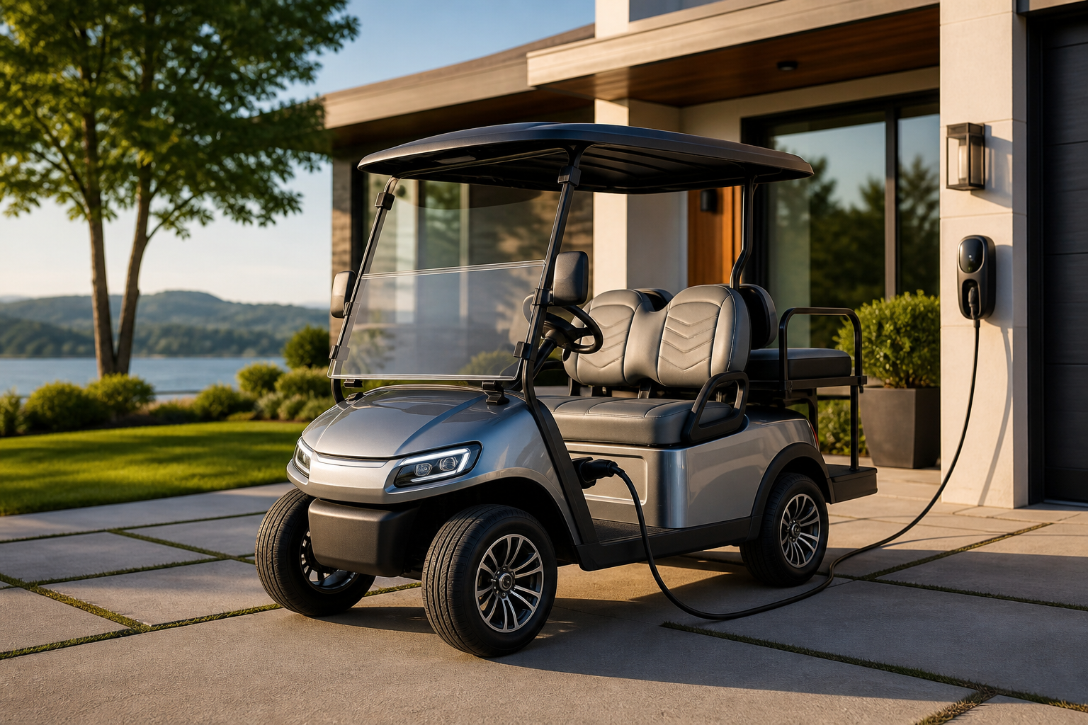 A sleek electric golf car being charged at a home charging station, symbolizing Electric Golf Car Savings.