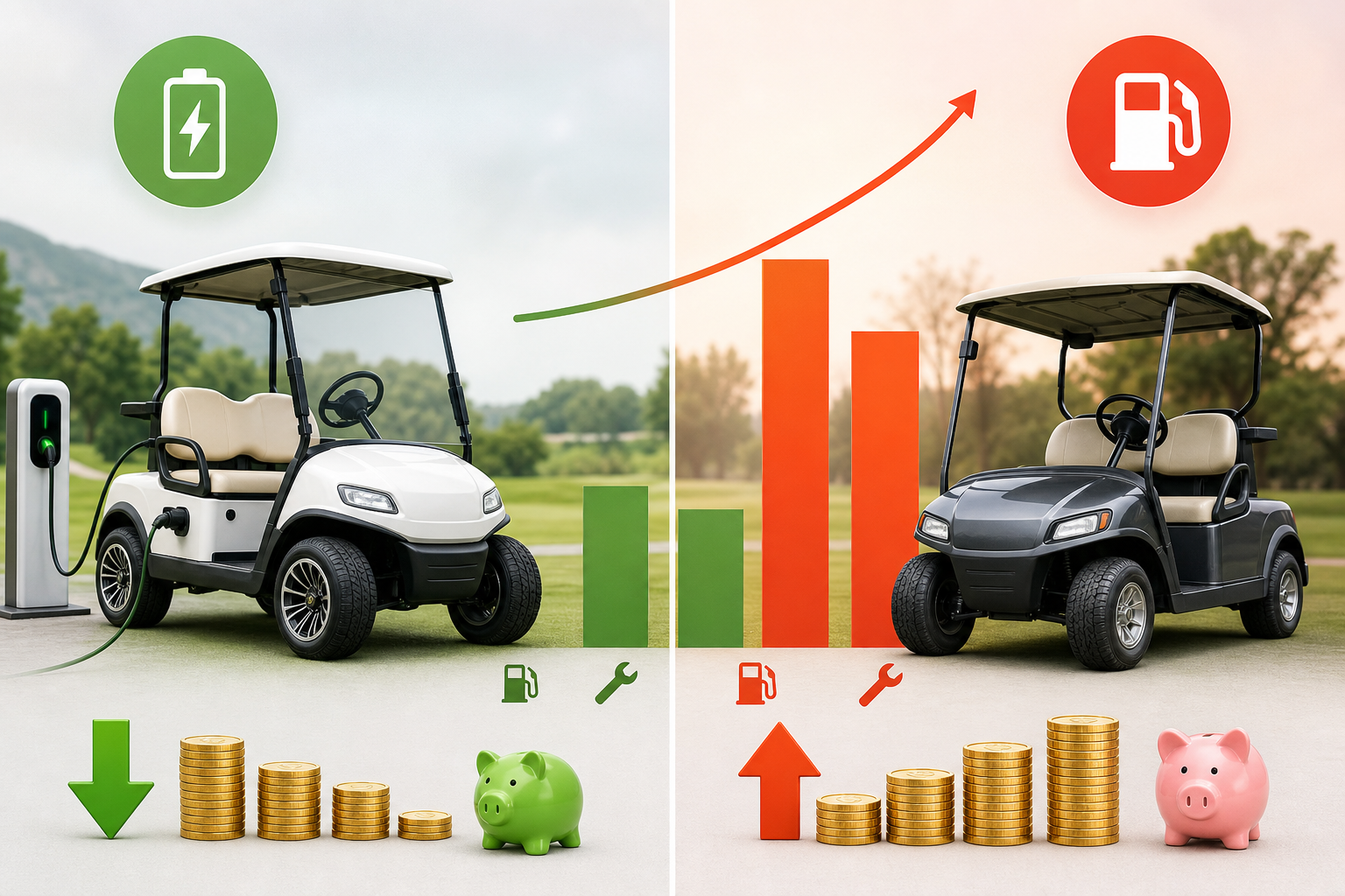 An infographic comparing the running costs of electric versus gas golf cars, highlighting Electric Golf Car Savings.