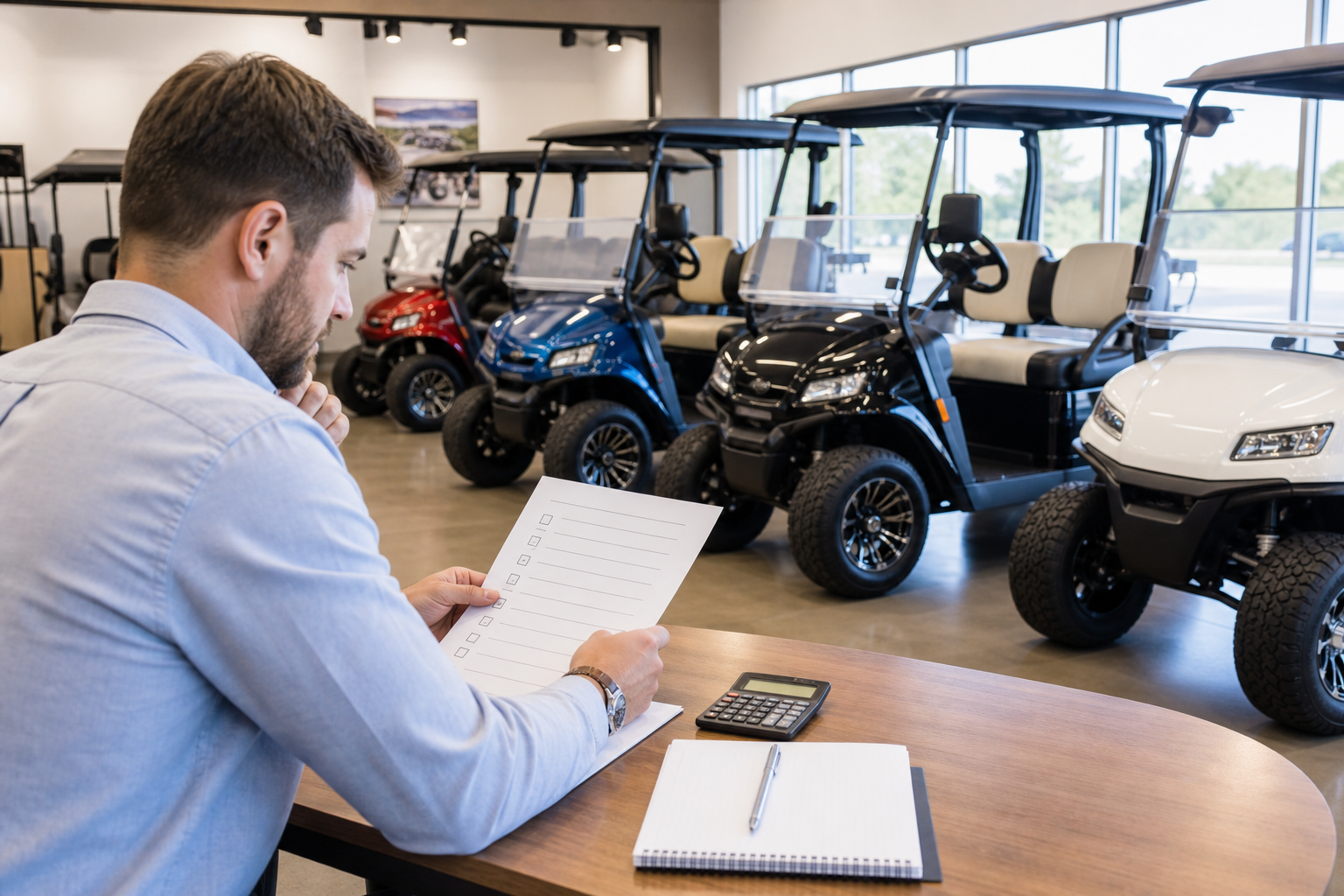 Happy couple driving their new golf cart, a successful Golf Cart Purchase Plan