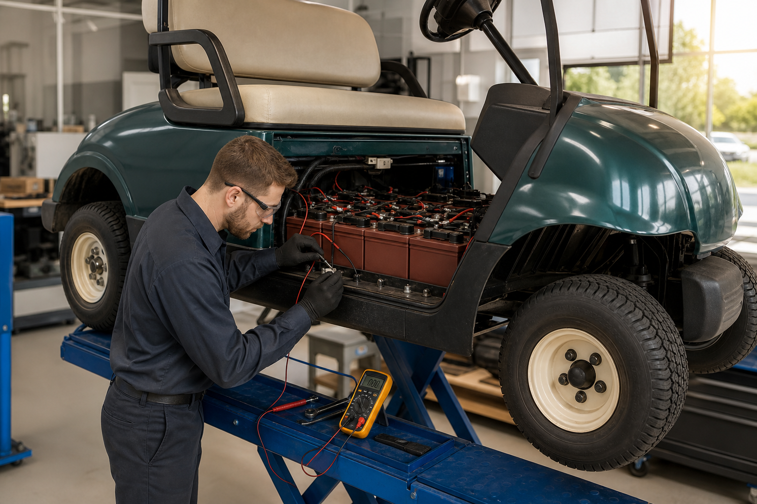 Golf Cart Service Schedule: Technician performing maintenance on an electric golf cart