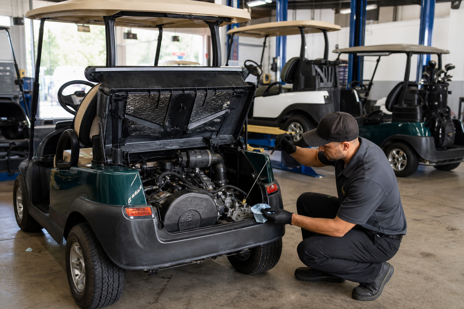 Golf Cart Service Schedule: Golf cart cruising on a lush green golf course at sunrise