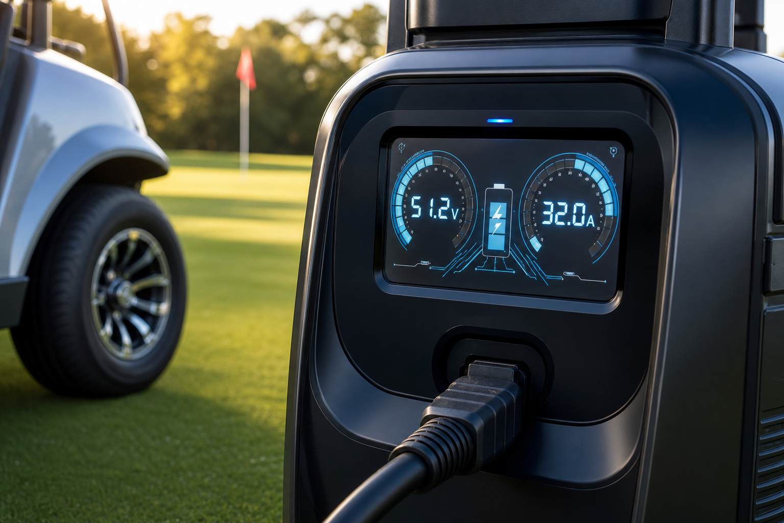 High-Performance Golf Charger connected to a golf cart, with a golfer smiling in the background, representing extended play time.