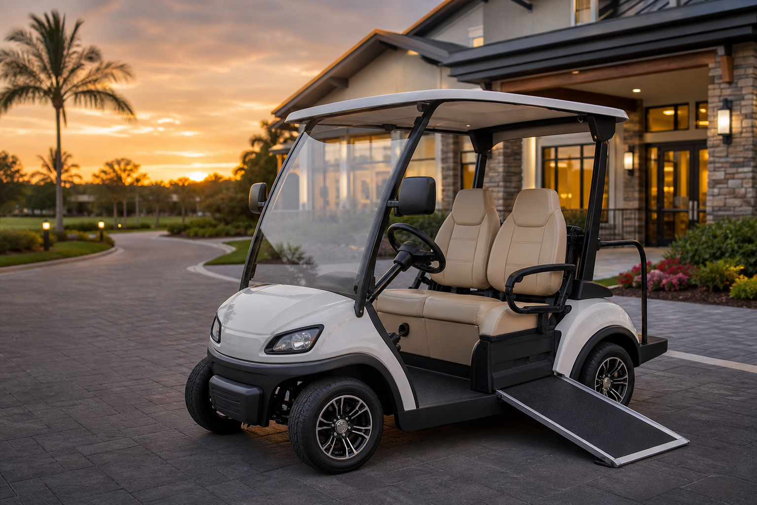 Modern accessible Senior Living Golf Car parked at a vibrant retirement community clubhouse