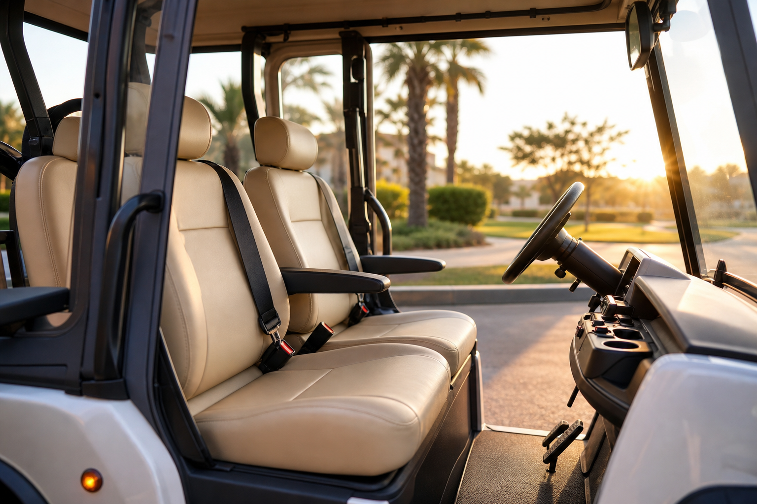 Elderly couple happily driving a feature-rich Senior Living Golf Car in a lush retirement community