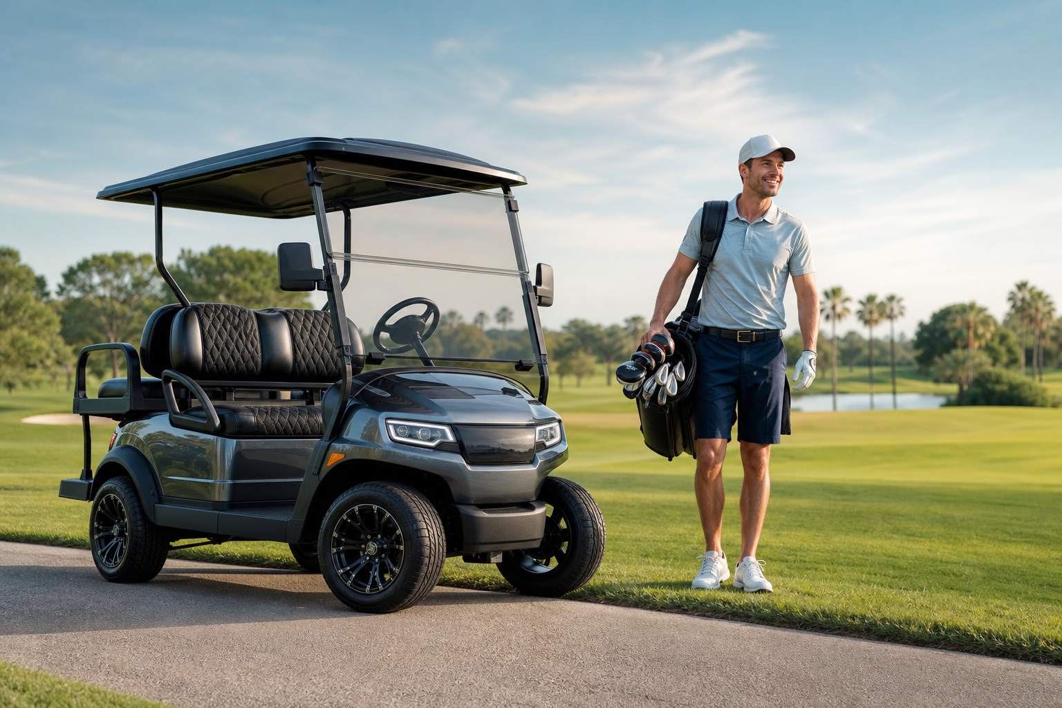 Happy golfer with new equipment, representing Flexible Golf Financing