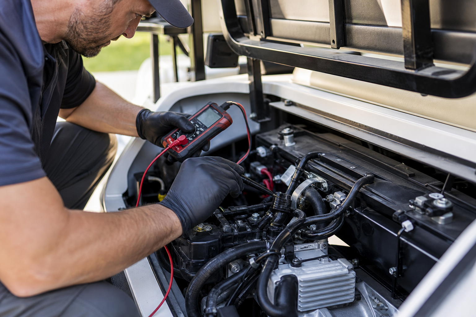 Technician performing Golf Cart Engine Diagnostics