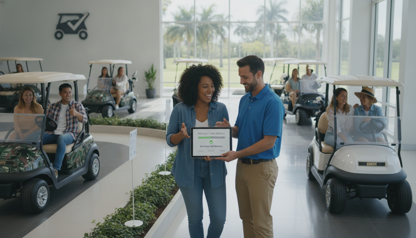 A family enjoying a new golf cart, highlighting the benefits of smart golf cart loan tips.