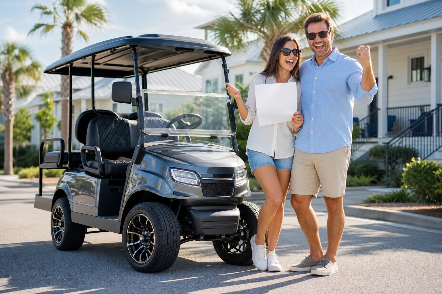Golf Cart Pre-Approval: 4 Smart Moves for a Seamless... 3 A person happily reviewing Golf Cart Pre-Approval documents with a golf cart in the background