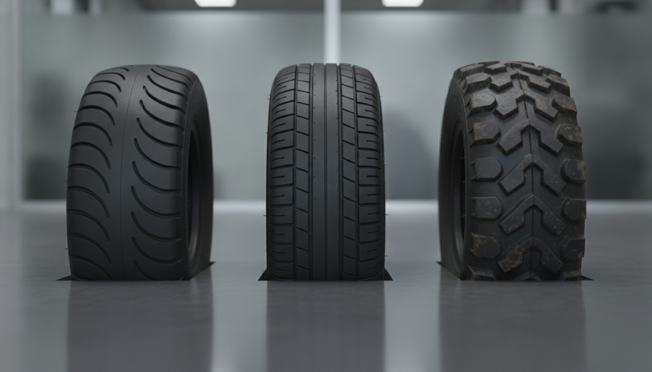 Golf cart tire guide showing different tread patterns for various terrains in South Florida