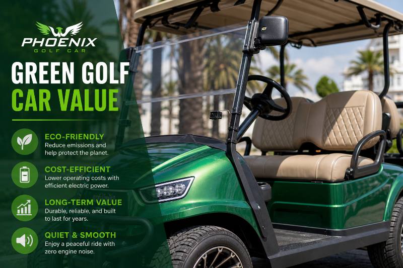 Green Golf Car Value - A detailed close-up of a green golf car's advanced battery system or a solar panel on its roof, highlighting sustainable technology and long-term value.