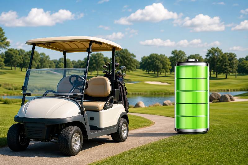 A sleek Smart Golf Charger with LED indicators, alongside a golf cart battery, illustrating the ease of use and advanced technology.