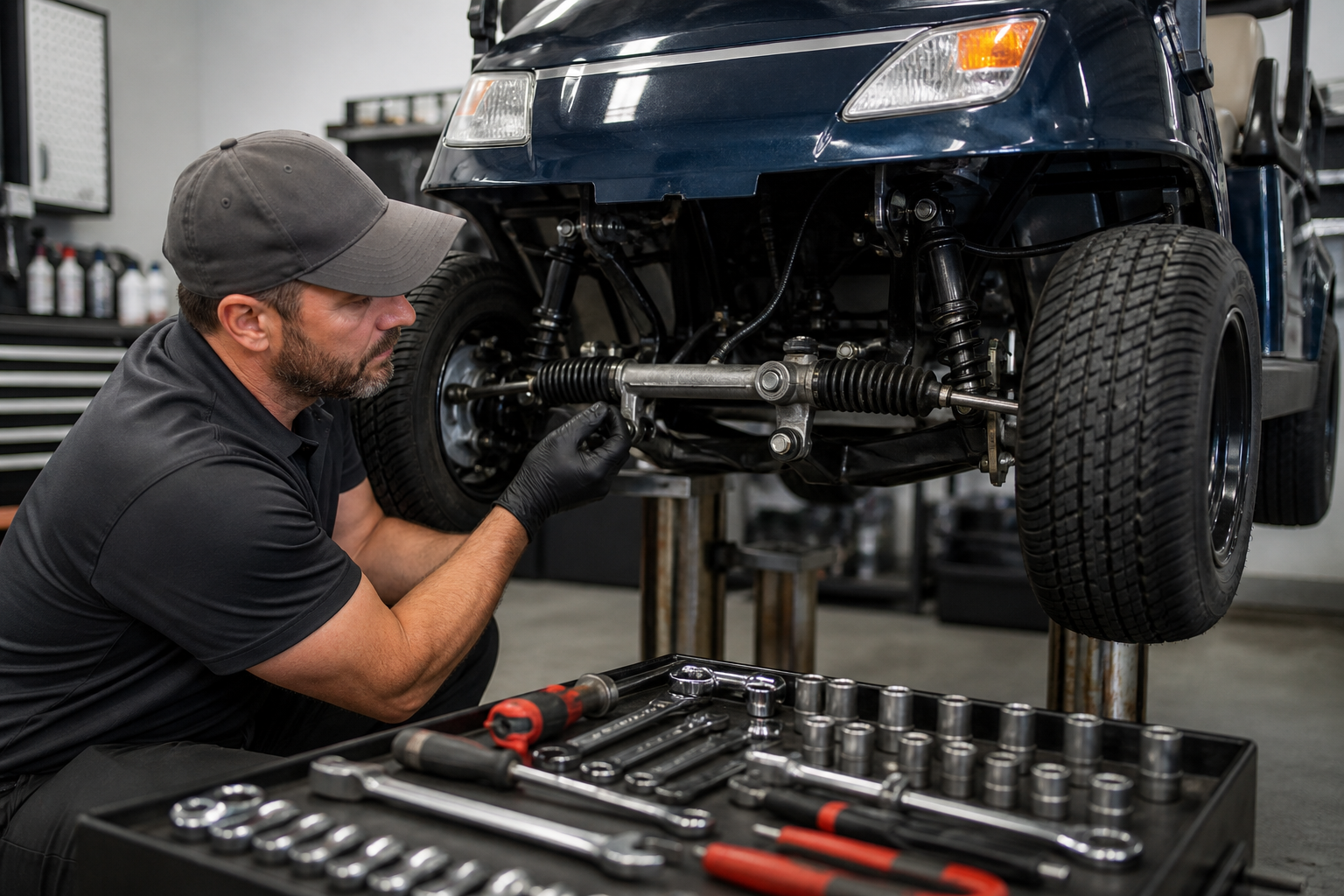 A close-up of a mechanic's hands inspecting the steering components of a golf cart (e.g., tie rods, ball joints, steering rack), with a wrench or diagnostic tool in hand, illustrating the process of fixing 5 Critical Golf Cart Steering Problems.