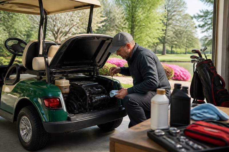 Close-up view of a gloved hand inspecting various golf cart components like battery terminals, tire tread, and brake pads, illustrating a thorough Golf Cart Pre-Season Check in a workshop setting.