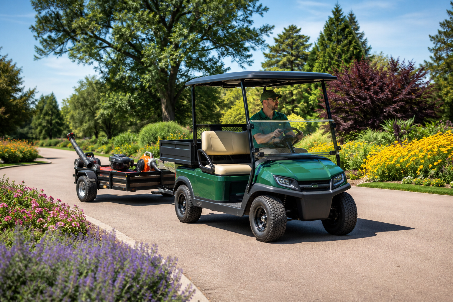 Landscaping Golf Cart with a worker loading gardening supplies