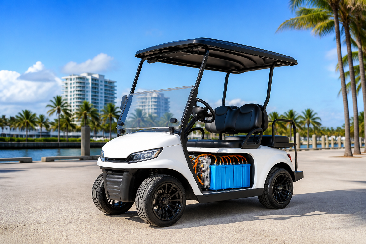 Modern golf cart with glowing lithium battery, debunking Lithium Conversion Myths