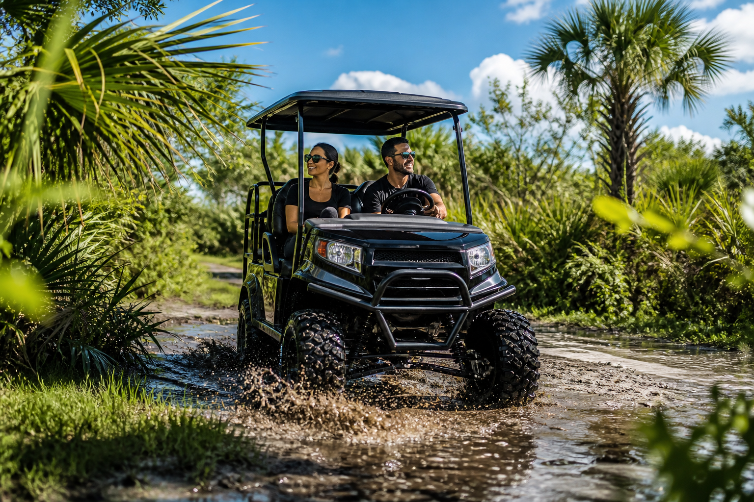 Electric Off-Road Golf Carts traversing a lush South Florida landscape at sunset