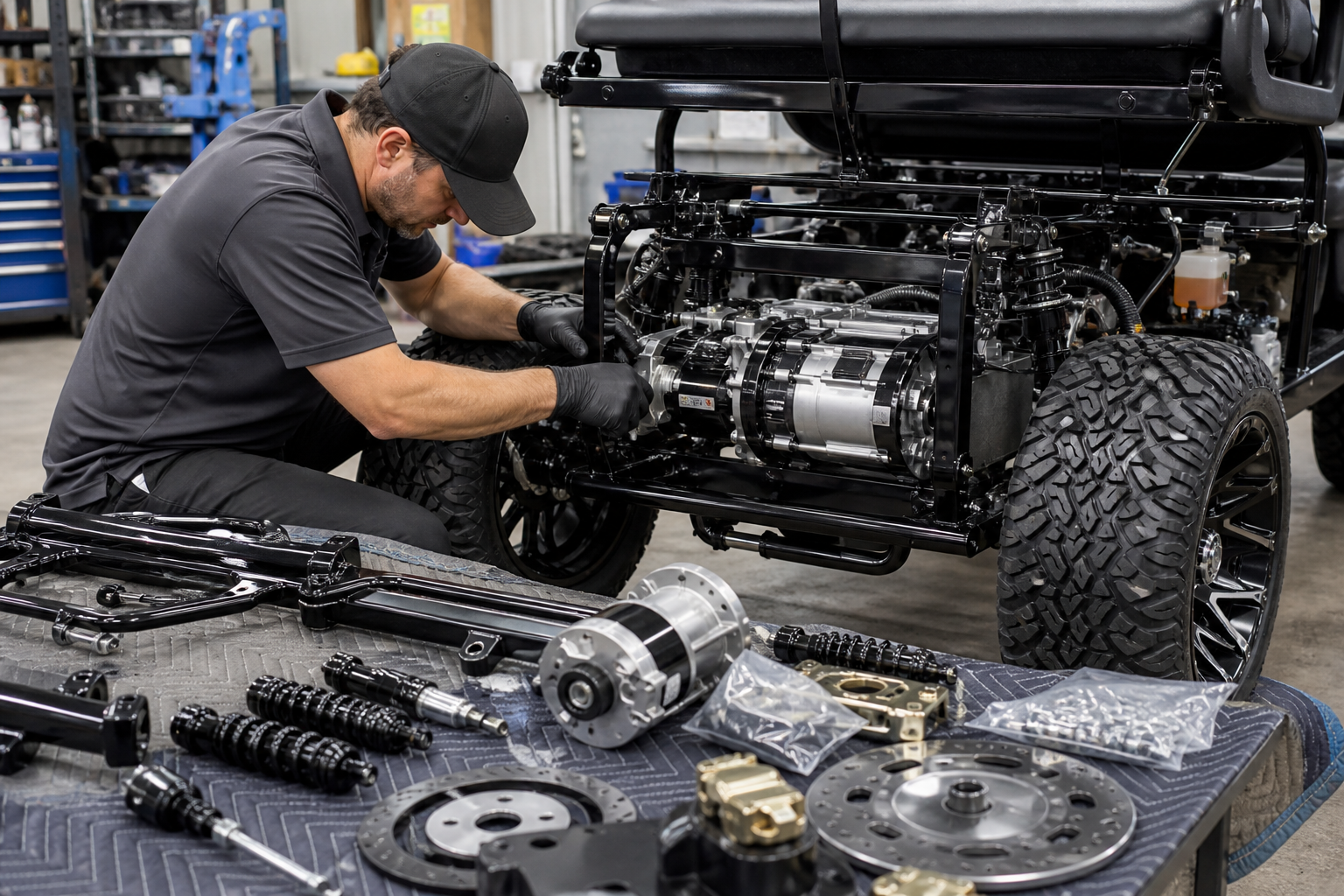 Rebuild Vs New Golf Cart: A graphic visually comparing two golf carts side-by-side; one representing a new, modern golf cart, and the other an older model that has been beautifully customized and rebuilt, emphasizing the benefits of a rebuild like personalized style and value.
