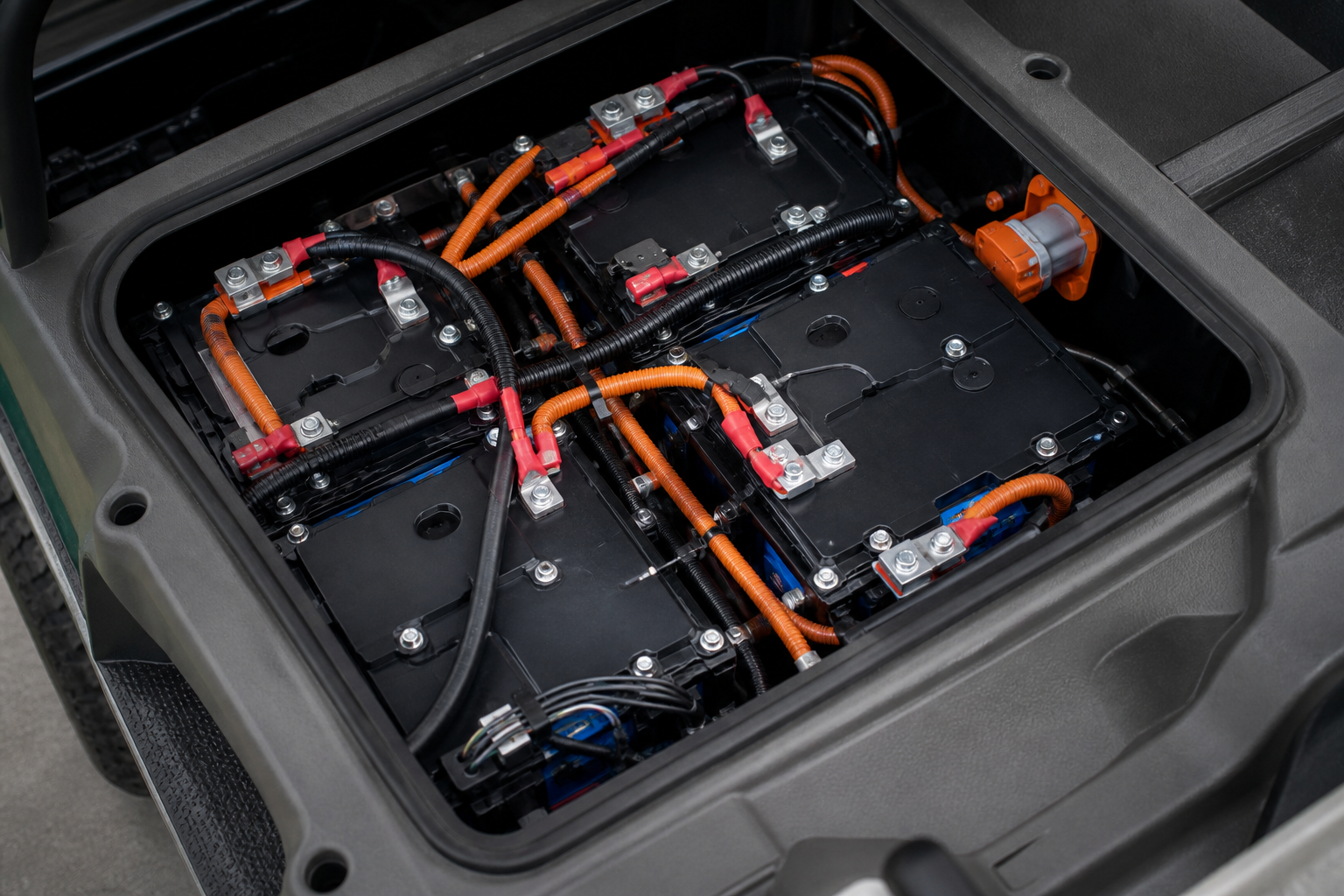 vibrant futuristic golf cart with well-maintained lithium battery health