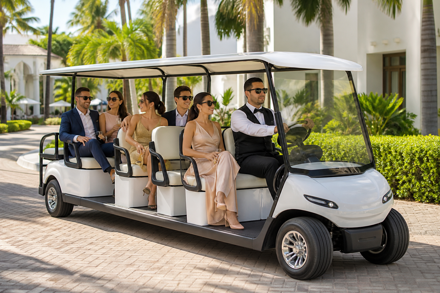 Luxury Event Golf Cart Limo for seamless guest transport in South Florida.