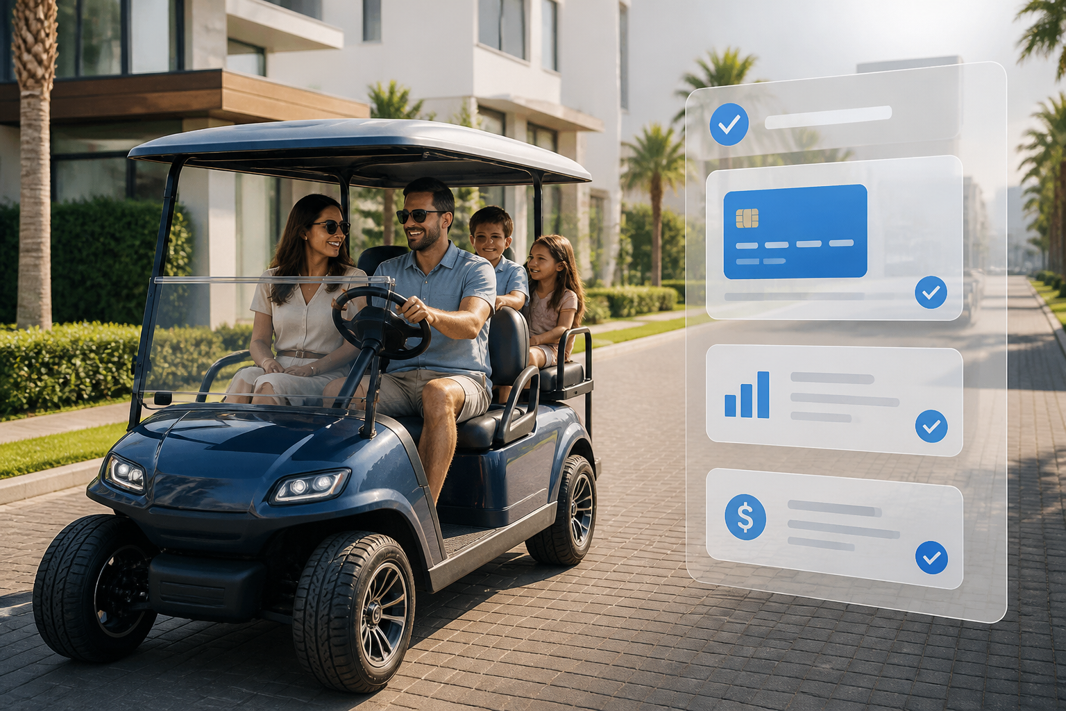 A happy family or couple enjoying their custom golf cart on a scenic path, with abstract elements of financial freedom or budget planning subtly integrated into the background, representing financing dream golf cart.