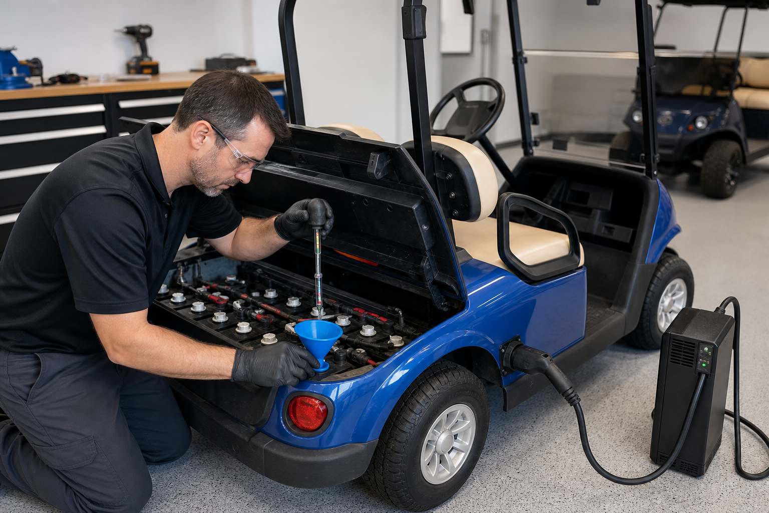 infographic of 7 golf cart battery check steps