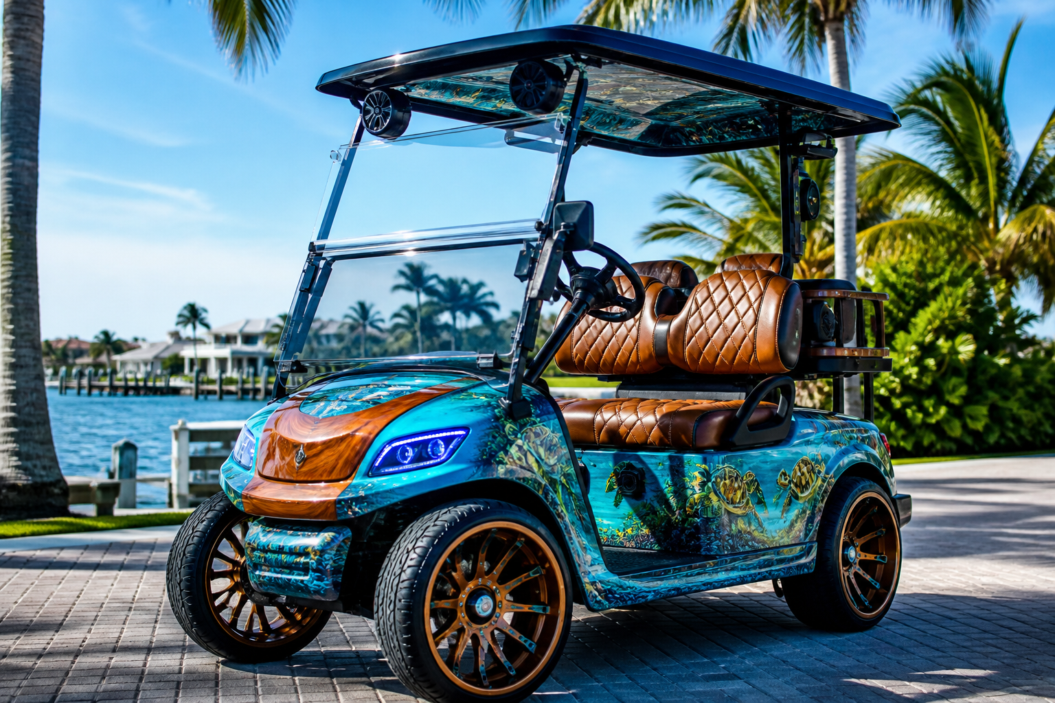 Customized golf cart with intricate vinyl wrap golf cart custom themes