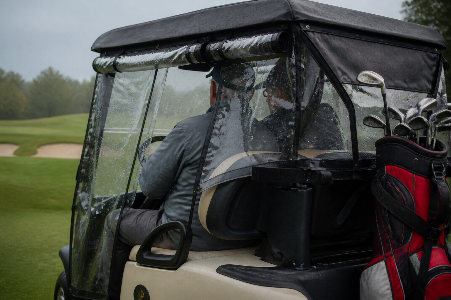 A golf cart equipped with a robust enclosure, navigating a South Florida golf course during a light, tropical rain shower, emphasizing the all-weather golf cart enclosure benefits.