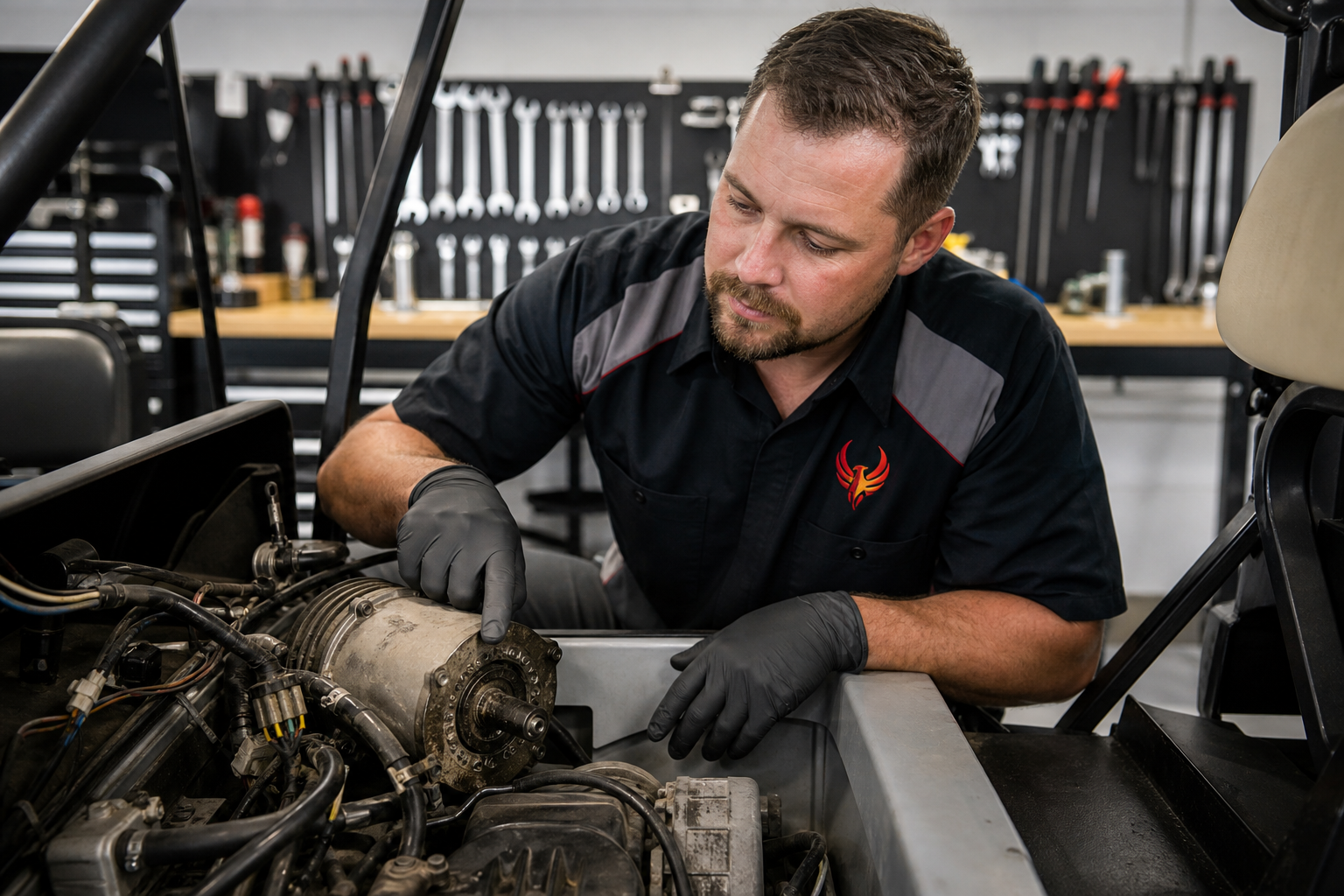 Golf Cart Engine Rebuild: 5 Critical Signs Your Engine Needs 3 Phoenix Golf Car technician performing a Golf Cart Engine Rebuild in Pompano Beach shop