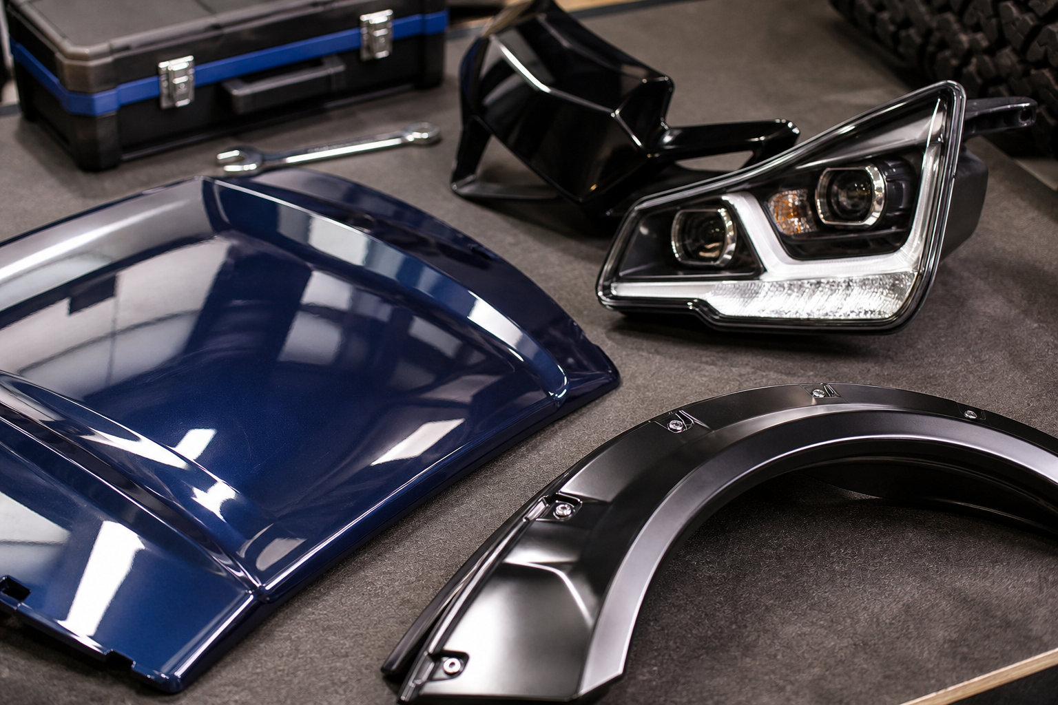 Close-up shot of different golf cart exterior parts laid out neatly on a workshop bench, including a polished bumper, LED headlights, custom fender flares, and a vibrant custom steering wheel